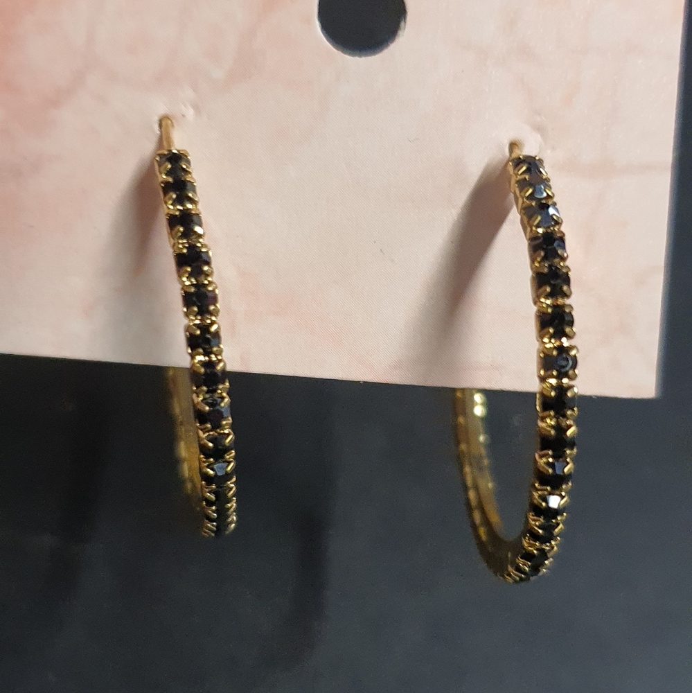 Black rhinestone gold tone hoop earrings
